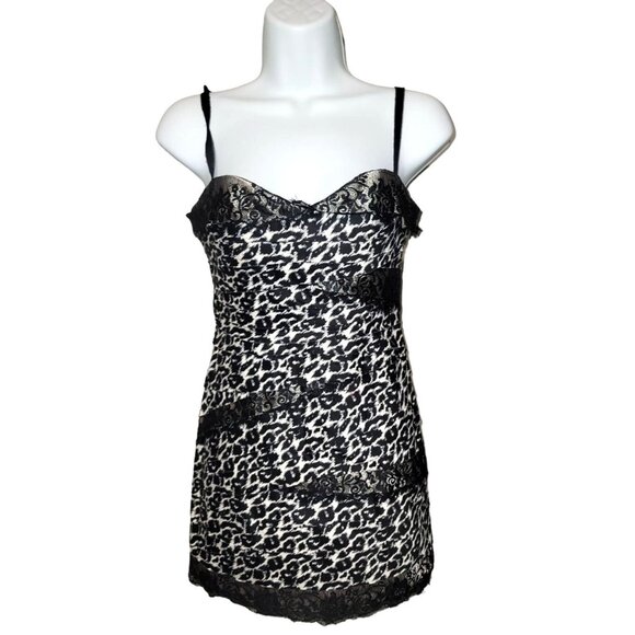 BEBE Black White Lace Fringe Dress Sexy Stretch Spaghetti Strap Size XS 0 - Picture 1 of 10